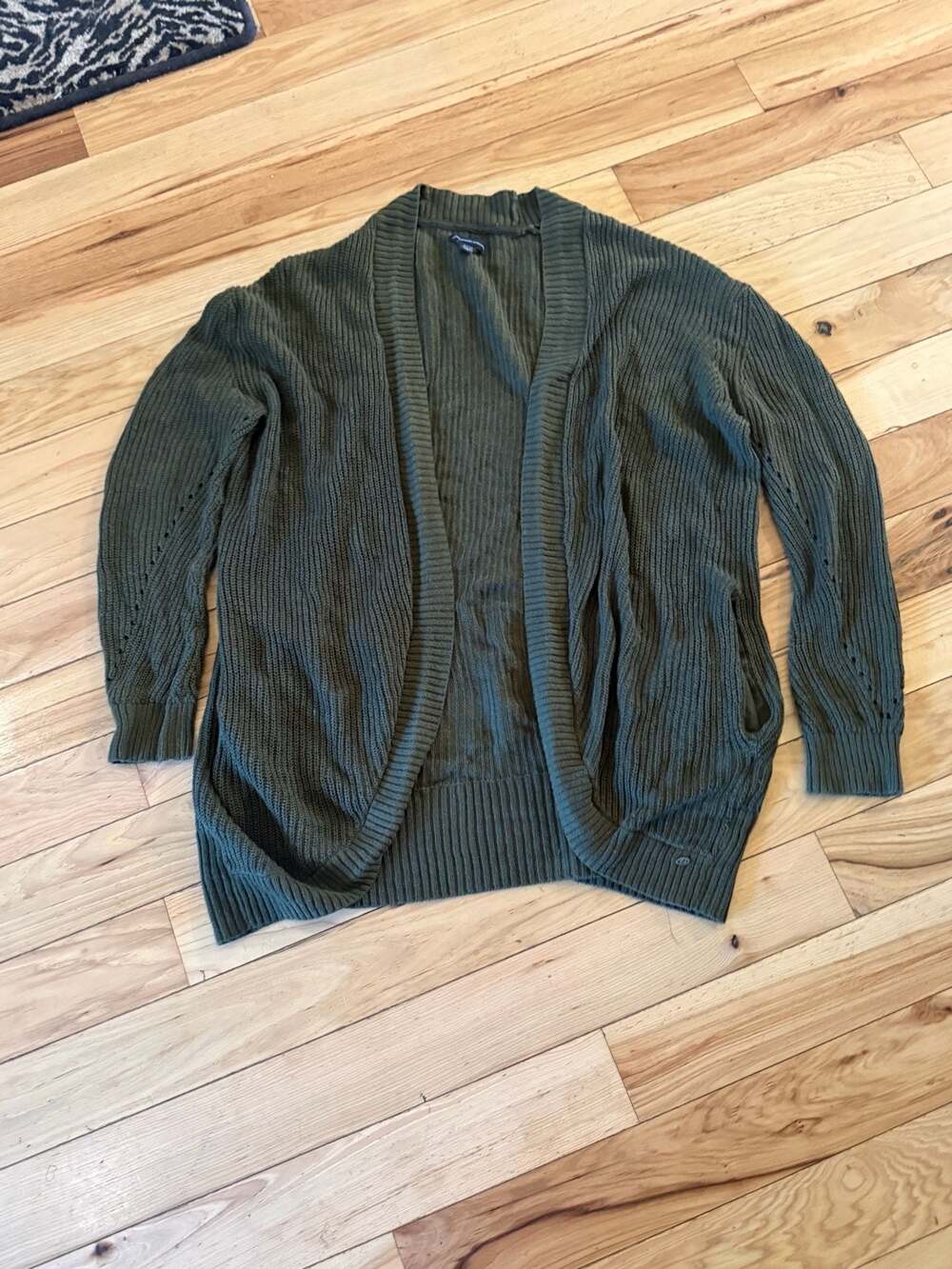 American Eagle Outfitters Green Open Front Ribbed Cardigan Sweater with Pockets